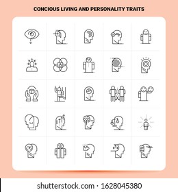 OutLine 25 Concious Living And Personality Traits Icon set. Vector Line Style Design Black Icons Set. Linear pictogram pack. Web and Mobile Business ideas design Vector Illustration.