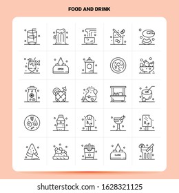 OutLine 25 Food And Drink Icon set. Vector Line Style Design Black Icons Set. Linear pictogram pack. Web and Mobile Business ideas design Vector Illustration.