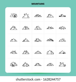 OutLine 25 Mountains Icon set. Vector Line Style Design Black Icons Set. Linear pictogram pack. Web and Mobile Business ideas design Vector Illustration.