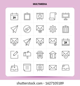 OutLine 25 Multimedia Icon set. Vector Line Style Design Black Icons Set. Linear pictogram pack. Web and Mobile Business ideas design Vector Illustration.