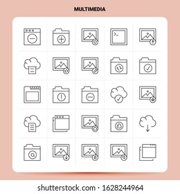 OutLine 25 Multimedia Icon set. Vector Line Style Design Black Icons Set. Linear pictogram pack. Web and Mobile Business ideas design Vector Illustration.