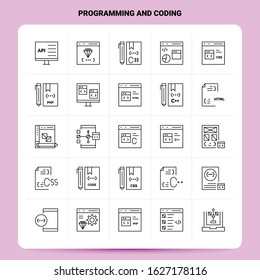 OutLine 25 Programming And Coding Icon set. Vector Line Style Design Black Icons Set. Linear pictogram pack. Web and Mobile Business ideas design Vector Illustration.
