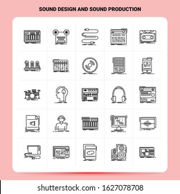 OutLine 25 Sound Design And Sound Production Icon set. Vector Line Style Design Black Icons Set. Linear pictogram pack. Web and Mobile Business ideas design Vector Illustration.