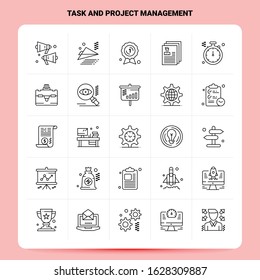 OutLine 25 Task and Project Management Icon set. Vector Line Style Design Black Icons Set. Linear pictogram pack. Web and Mobile Business ideas design Vector Illustration.