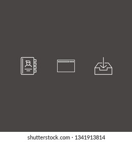 Outline 3 address icon set. browser, download document box and phone book vector illustration