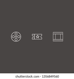Outline 3 cinematography icon set. film strip, movie roll and movie ticket vector illustration