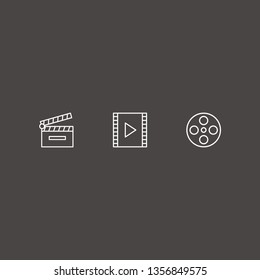 Outline 3 cinematography icon set. movie roll, film strip and movie clapper vector illustration