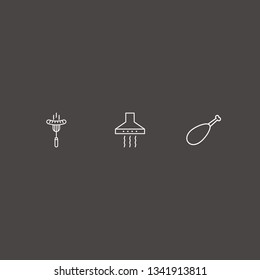Outline 3 cooking icon set. sausage, chicken leg and kitchen extractor vector illustration