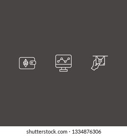 Outline 3 exchange icon set. monitor with chart, money with hand and ethereum wallet vector illustration