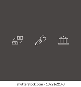 Outline 3 loan icon set. key, money exchange and bank vector illustration