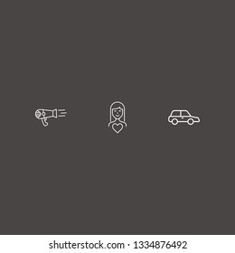 Outline 3 model icon set. car, woman in love and hair dryer vector illustration