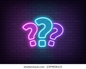 Outline 3 neon questions, colorful icon. Glowing neon question marks, answer searching, FAQ support, questionnaire. Find problem decision. Quest, puzzle and quiz. Unknown surprise, secret, mystery