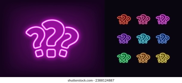 Outline 3 neon questions icon set. Glowing neon question marks, FAQ support, answer searching, questionnaire. Find problem decision. Unknown surprise, secret, mystery. Quest, puzzle and quiz. Vector