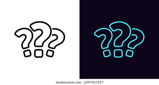 Outline 3 questions icon, with editable stroke. Question marks, FAQ support, answer searching, questionnaire. Find problem decision. Unknown surprise, secret, mystery. Quest, puzzle, quiz. Vector icon