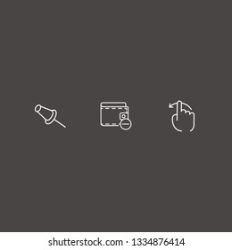 Outline 3 thumb icon set. finger swipe, remove wallet and paper pin vector illustration