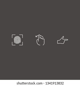 Outline 3 Thumb Icon Set. Finger Right, Finger Swipe And Finger Scanner Vector Illustration