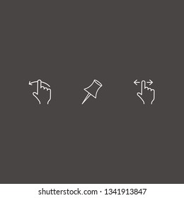 Outline 3 thumb icon set. finger swipe and paper pin vector illustration