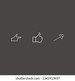 Outline 3 thumb icon set. thumb up, finger right and paper pin vector illustration