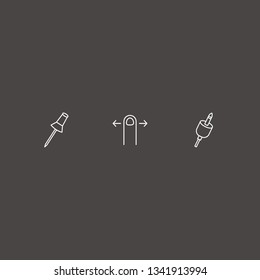 Outline 3 thumb icon set. headset plug, finger swipe and paper pin vector illustration