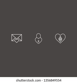 Outline 3 valentines icon set. love message, heart lock and ethereum heart vector illustration