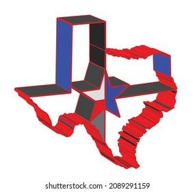 Outline 3D abstract map of Texas in red white and blue with the lone star motif