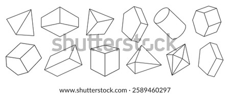 Outline of 3D geometric shapes including cubes, pyramids, and cylinders. Simple line drawings of geometric shapes, showcasing various 3D forms. Creative elements, vector set.