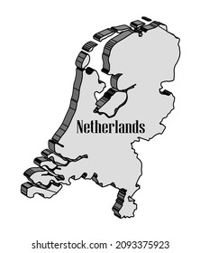 Outline  3D map of the Netherlands over a white background