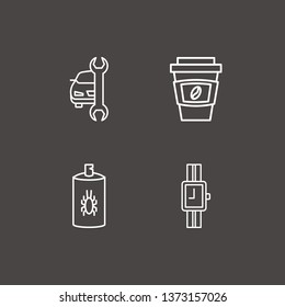 Outline 4 arm icon set. wrist watch, bug spray, car service and coffee cup vector illustration