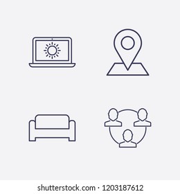 Outline 4 blue icon set. location, networking, laptop with sun and sofa vector illustration