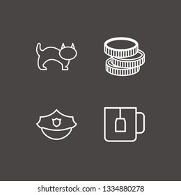 Outline 4 british icon set. teacup, cat, coin and police hat vector illustration