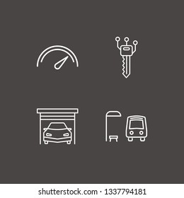 Outline 4 car icon set. speedometer, bus stop, garage and smart key vector illustration