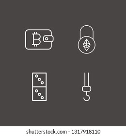 Outline 4 chain icon set. bitcoin wallet, crane hook, domino and ethereum lock vector illustration