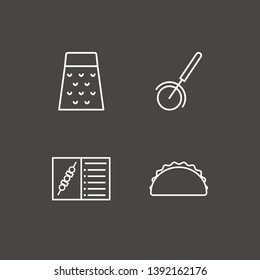 Outline 4 cheese icon set. grater, food menu, pizza cutter and sandwich vector illustration