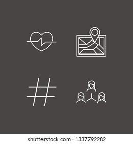 Outline 4 community icon set. map location, teamwork, hashtag and heart vector illustration