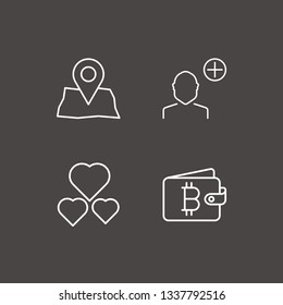 Outline 4 community icon set. bitcoin wallet, heart, map location and add user vector illustration