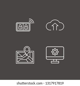 Outline 4 connection icon set. monitor setting, cloud upload, smart key and map location vector illustration
