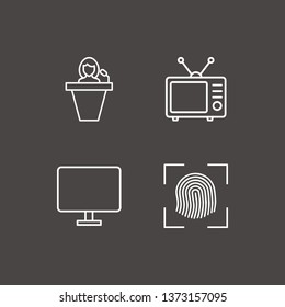 Outline 4 control icon set. tv, monitor, finger scanner and speaker human vector illustration