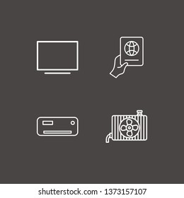 Outline 4 control icon set. foreign passport with hand, conditioning cooler, air conditioning and monitor vector illustration
