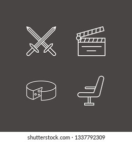 Outline 4 cut icon set. sword, movie clapper, chair and cheese vector illustration