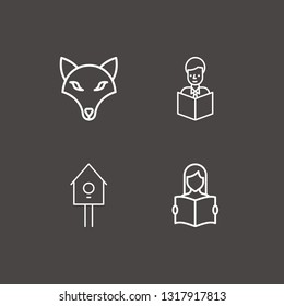Outline 4 cute icon set. dog, bird home, reading a book and read the book vector illustration