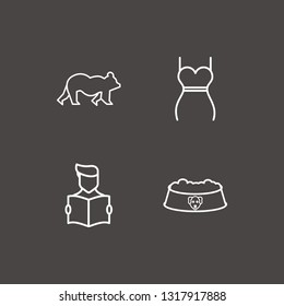 Outline 4 cute icon set. bear, read the book, animal dish and woman dress vector illustration