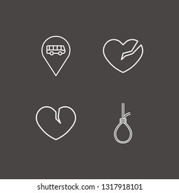 Outline 4 end icon set. broken heart, bus location and suicide rope vector illustration