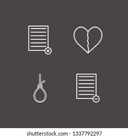 Outline 4 end icon set. broken heart, remove document and suicide rope vector illustration