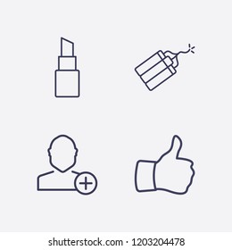 Outline 4 face icon set. thumb up, lipstick, add user and dynamite vector illustration