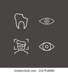 Outline 4 face icon set. eye, broken tooth and facial recognition vector illustration