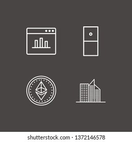 Outline 4 finance icon set. ethereum coin, domino, building and browser analytics vector illustration