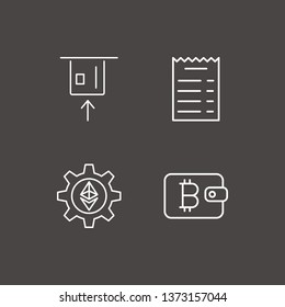 Outline 4 financial icon set. money check, bitcoin wallet, card withdrawal and gear with ethereum vector illustration