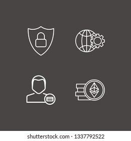 Outline 4 global icon set. ethereum coin, shield lock, globe setting and user payment vector illustration