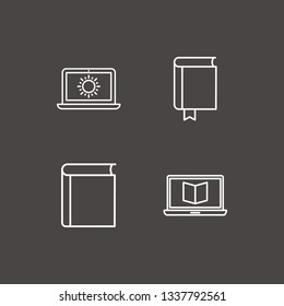 Outline 4 learning icon set. book, laptop with sun and online learning vector illustration