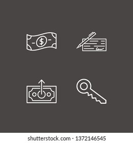 Outline 4 loan icon set. key, money up, money check and money vector illustration